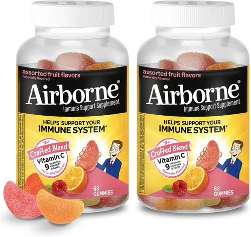 Airborne 750mg Gomitas de vitamina C para adultos, gomitas de apoyo inmunológico con potentes antioxidantes, vitaminas C y E, sin cafeína - 2x63