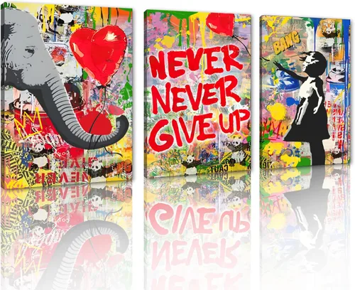 Miniatura 45 de 3 Piezas de Arte de Pared Banksy en Lienzo, Póster de Graffiti, Decoración de Pared con Citas Inspiradoras, Nunca Te Rindas, Obras de Arte para Sala