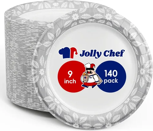 JOLLY CHEF Paquete de 140 platos de papel desechables de 9 pulgadas, a prueba de remojo, a prueba de cortes, platos de papel impresos resistentes