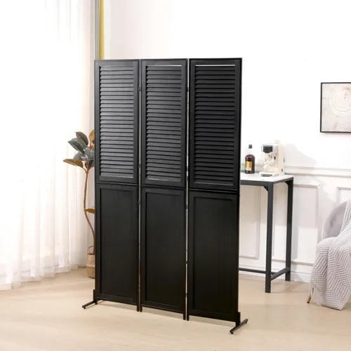 Miniatura 2 de Divisor de habitación de 3 paneles de 6 pies de alto, pantalla de privacidad plegable de madera negra, partición de habitación independiente