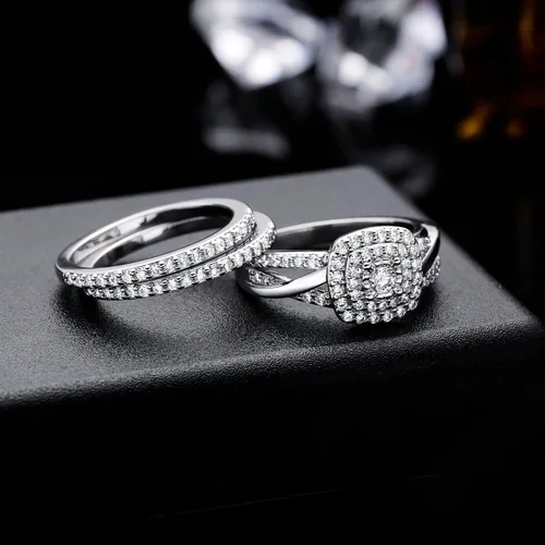 Miniatura 3 de MDFUN Juego de anillos de compromiso cuadrados con halo de boda, anillo de compromiso chapado en oro blanco de 18 quilates, anillo de eternidad
