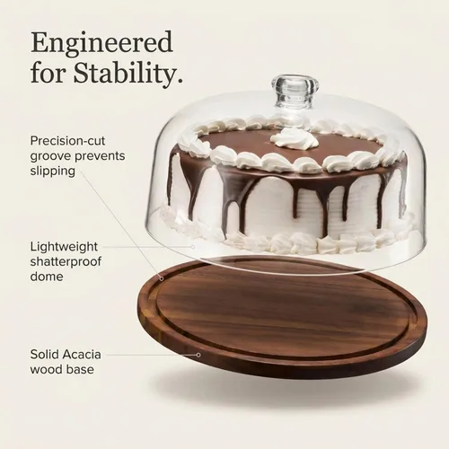 Miniatura 3 de Godinger - Soporte para tartas, plato para servir tartas con cúpula, madera de acacia y tapa acrílica a prueba de roturas