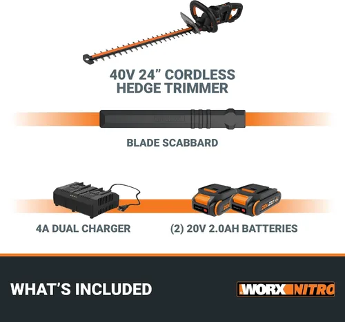 Miniatura 9 de WORX Nitro WG286 recortadora de setos inalámbrica de 40 V y 24 pulgadas, recortadora eléctrica de setos con cuchillas de acción doble y 3400 SPM