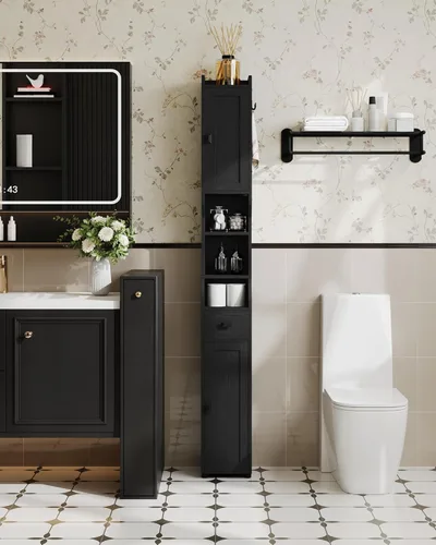 HEXCELEN Gabinete de almacenamiento para baño, gabinete de baño estrecho y alto, gabinetes de piso independientes con 2 puertas y 1 cajón,