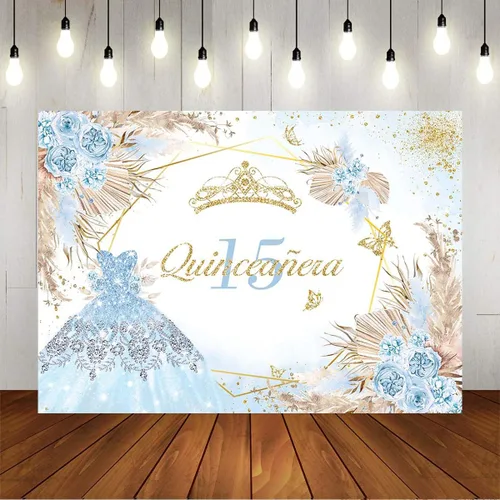 Miniatura 5 de Mocsicka Quinceanera - Telón de fondo de cumpleaños número 15, para mujeres y niñas, bohemio, elegante, flores rosadas, fondo de vinilo bohemio, Azul