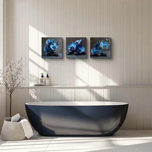 Miniatura 3 de NAN Wind 3 piezas de arte de pared de orquídea azul, piedras de spa zen, impresión en lienzo, gotitas de agua, naturaleza muerta, botánica