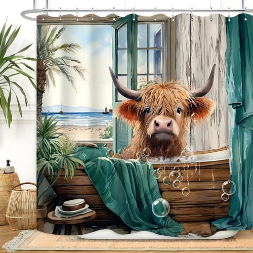 Miniatura 2 de Highland Cow - Cortina de ducha de verano de 60 pulgadas de ancho x 72 pulgadas de largo, divertida y linda vista al mar, vista al mar, paisaje
