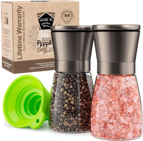 Miniatura 11 de Home EC Juego de 2 molinillos de sal marina y pimienta de acero inoxidable originales, de cerámica ajustable, salero y pimentero de cristal, Vidrio
