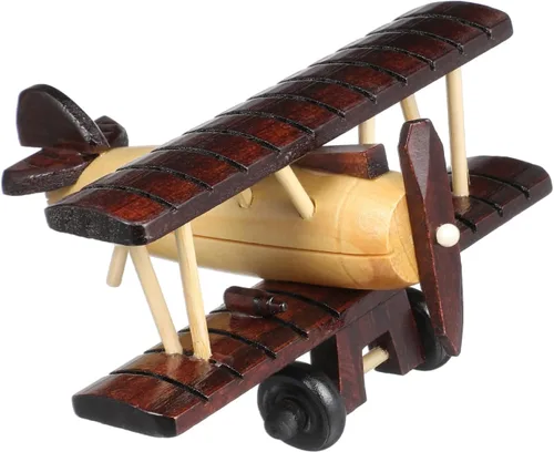 BESPORTBLE Modelo de avión de madera vintage de 5.90 x 5.51 x 2.95 pulgadas, adorno rústico de avión para el hogar, oficina, estante de escritorio,