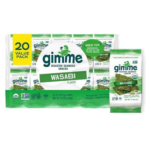 Miniatura 12 de Gimme Algas Marinas Orgánicas Premium Tostadas, Sal Marina, 20 Unidades, Keto, Vegano, Sin Gluten, Gran Fuente de Omega3 y Yodo, Aperitivo Saludable