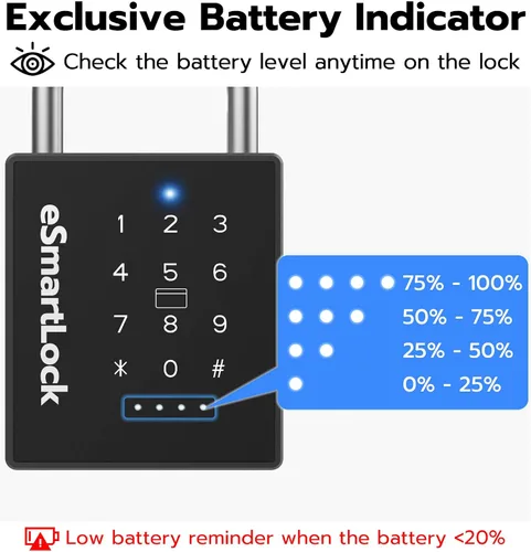 Miniatura 8 de eLinkSmart Candado inteligente resistente con llave, bloqueo de almohadilla con teclado de código, resistente a la intemperie, Bluetooth RFID
