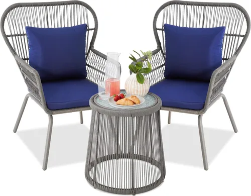 Best Choice Products Juego de 3 piezas para conversación de patio, muebles de mimbre para todo tipo de clima para porche, patio trasero con 2 sillas