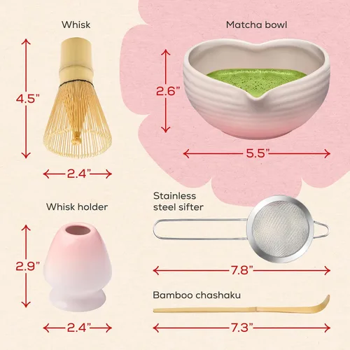 Miniatura 7 de Rehny’s Juego de batidor matcha Juego completo de matcha con cuenco en forma de corazón, batidor de bambú, soporte, tamiz de acero inoxidable