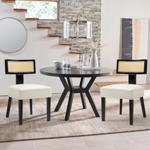 Miniatura 2 de ZJhome Juego de 4 sillas de comedor de ratán tapizadas de tela moderna de mediados de siglo con marco de madera dura negra, respaldo curvado, silla