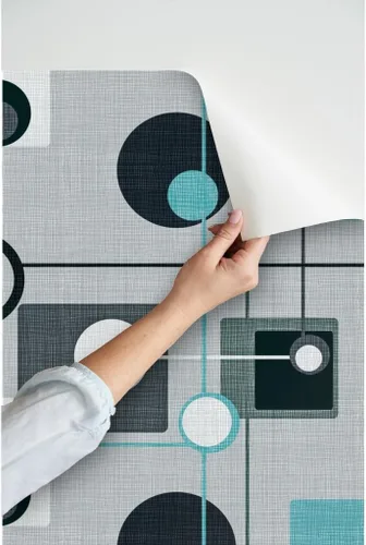 Miniatura 3 de Papel tapiz para despegar y pegar – Orbs Squares Grey Aqua Black White Vintage Blue Retro Circles Papel pintado personalizado extraíble por