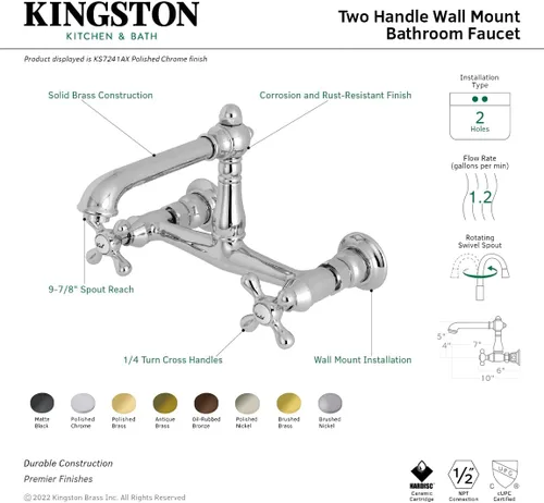 Miniatura 3 de Kingston Brass KS7248AX English Country - Grifo de fregadero central de pared de 8 pulgadas, 6-5/8 pulgadas de alcance de boquilla, níquel cepillado