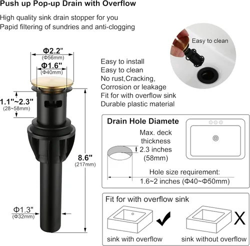 Miniatura 7 de Grifo de baño con dos asas de oro cepillado de 3 agujeros con desagüe emergente de plástico con rebosadero, grifo giratorio para lavabo de baño de 4