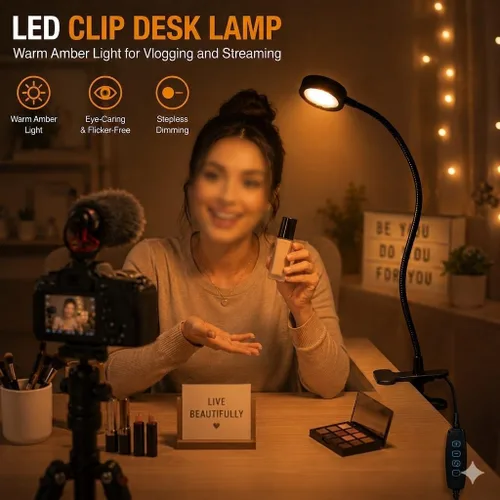 Miniatura 9 de Lámpara de escritorio USB con clip con 3 modos de color, brillo ajustable, cuello de cisne, temporizador de 1 minuto, luz de libro para leer libro