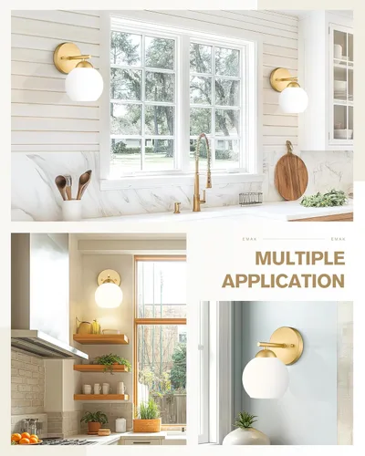Miniatura 5 de Emak WS114-GD-ML-2PK - Moderno paquete de 2 apliques de pared de globo, luz dorada con pantalla de vidrio de leche para baño, sala de estar, fotos