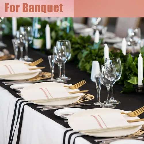 Miniatura 4 de Roshtia Paquete de 100 servilletas desechables de lino con bolsillo integrado para cubiertos con ribete dorado, papel preplegado para bodas