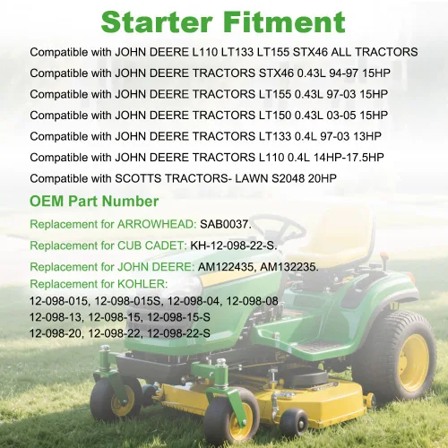 Miniatura 2 de WATERWICH Motor de arranque compatible con John Deere L110 LT133 LT155 STX46, todos los tractores de la serie 12-098, sustituye a AM122435 12-098-15