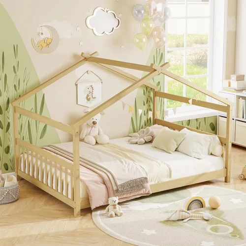 Miniatura 8 de KOMFOTT Cama de Casa de Madera Twin para Niños, Marco de Cama de Piso de Perfil Bajo con Techo, Cabecera y Pie de Cama para Niños y Niñas, No