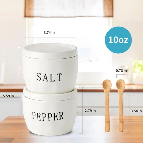 Miniatura 2 de Juego de 2 cuencos de sal y pimienta, recipientes de cerámica para sal y pimienta con tapa y cuchara, juego de soporte de sal y pimienta blanca