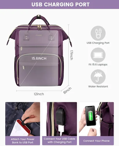Miniatura 6 de LOVEVOOK Mochila para portátil de mujer, mochila de 15,6 pulgadas con cargador, mochila resistente al agua para profesores, mochila de trabajo