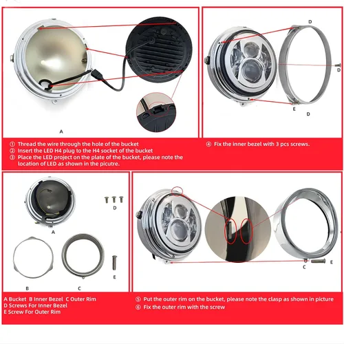 Miniatura 5 de FATECIM Faro delantero redondo de 7" para motocicleta con carcasa de cubo y visera 7 pulgadas, cubierta protectora LED para faro con carcasa de faro