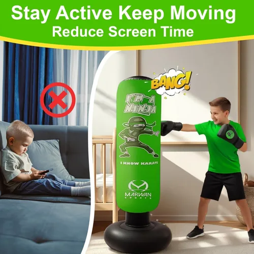 Miniatura 4 de Marwan Sports Ninja Inflatable Punching Bag for Kids 4-12, Indoor Active Play for Sensory Seekers & High-Energy Kids, 63" 5-in-1: Gloves, Manual