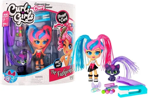 Basic Fun CurliGirls Milli, The Fashionista & Vogue, her cat - Muñeca de peluquería de lujo con cabello MagiCurl - Estilo una y otra vez - A partir