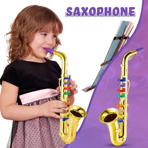 Miniatura 5 de Amylove Juego de 2 juguetes de saxofón y clarinete para niños pequeños, instrumentos de plástico, juguete musical falso, portátil, juguetes