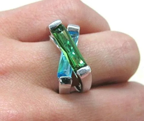Miniatura 4 de Anillo moderno de plata esterlina cruzada flotante de helenita azul y verde R98S 4.0 ct