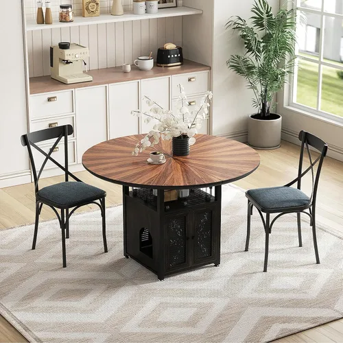 Miniatura 8 de Juego de mesa de comedor redonda de 47 pulgadas para 4-6 personas, juego de mesa de comedor grande de cocina estilo granja con sillas y estante