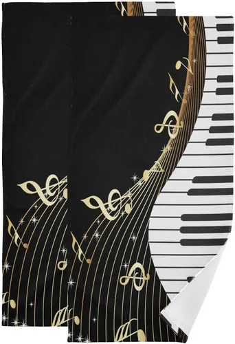 Juego de 2 toallas de mano con notas musicales doradas para baño, piano blanco y negro, toallas de cocina decorativas absorbentes de microfibra para