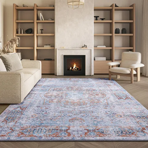 SAFAVIEH Washable Rug Tucson Collection - 6' x 9', Beige & Rust, Slip Resistant & Easy to Clean, Ideal for Living Room, Bedroom, Dining Space