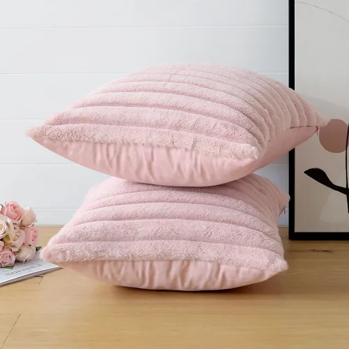 Miniatura 9 de Soleebee Juego de 2 fundas de cojines decorativos de terciopelo suave y acogedor, funda de piel sintética de conejo para sofá, cama, silla, Rosa