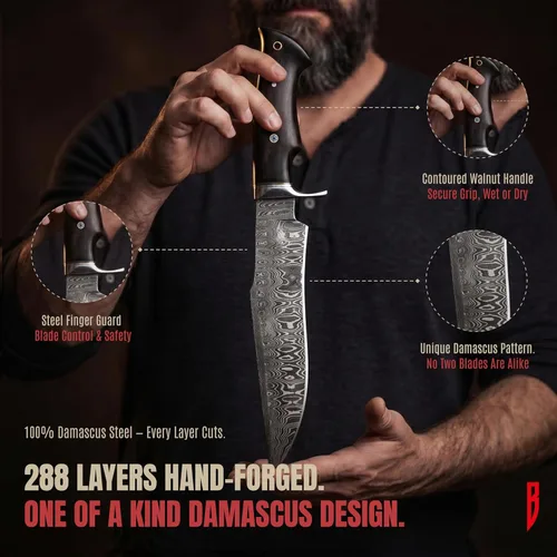 Miniatura 3 de BIGCAT ROAR Leopard Hunter - Cuchillo de caza hecho a mano de acero de Damasco de hoja fija de 12 pulgadas - Mango de madera de nogal y funda