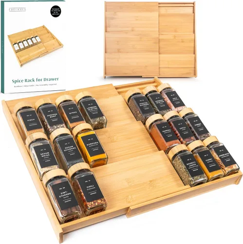 EDELHAUS Organizador de Cajón de Especias de Bambú - Estante de Especias Expandible de 4 Niveles (Necesita Cajón de 3" de Profundidad) de 12" a 24"