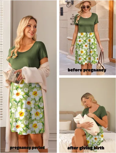 Miniatura 3 de Ekouaer Vestido de lactancia para mujer, vestido de verano de manga corta, retazos, maternidad, lactancia, hasta la rodilla