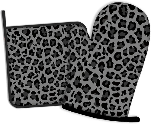 Guantes de horno de leopardo gris y negro y soportes para ollas de cocina, juego de 2 piezas, almohadilla resistente al calor para hornear,