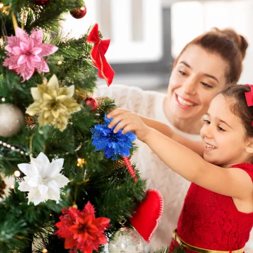 Miniatura 2 de FurRain Flores Artificiales de Navidad de Poinsettia 5.5" Guirnalda de Árbol de Navidad 12 Piezas Flores con Brillantina Adornos para Navidad Nueva