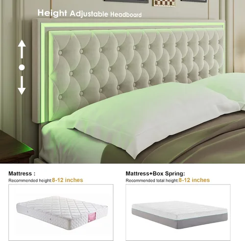 Miniatura 6 de Keyluv Marco de Cama Tapizada con LED Tamaño King con 4 Cajones, Cama de Plataforma de Terciopelo con Almacenamiento con Cabecero Capitoné de Beige