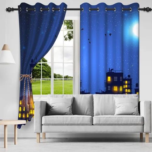 Miniatura 2 de Cortinas de superhéroe de 42 x 84 pulgadas, diseño de dibujos animados, cómic, edificios de ciudad, edificios, 2 paneles de oscurecimiento