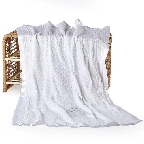 Miniatura 5 de Booulfi Mantas de bebé bordadas con cruz neutra para niños y niñas, manta blanca para bautizo, bautizo, borde satinado, cubierta de chal