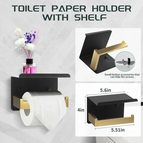Miniatura 3 de Dorudon Atrox Juego de 7 piezas de baño – Juego de accesorios negros y dorados – Toallero cuadrado de 2 x 23 pulgadas, toallero de mano, soporte