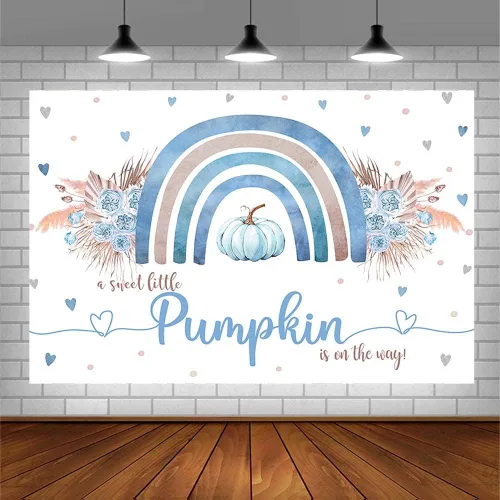 Miniatura 3 de Sendy Telón de fondo bohemio de calabaza azul de 7 x 5 pies para baby shower, otoño, A Little Pumpkin Boy is on The Way, suministros de decoración