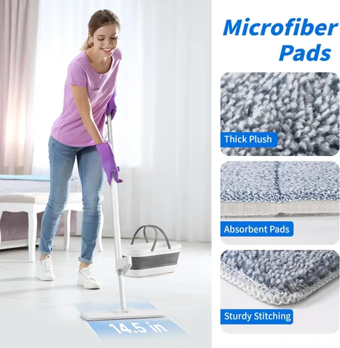 Miniatura 5 de Oshang Trapeador plano y cubo plegable OG7 con ruedas, 2 almohadillas de microfibra lavables reutilizables, color blanco puro