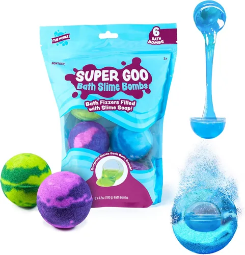 Bombas de baño Tub Works Super Goo Slime 'Sorpresa', paquete de 6 | Bombas de baño para niños con sorpresa interior | No tóxico | Jabón de slime