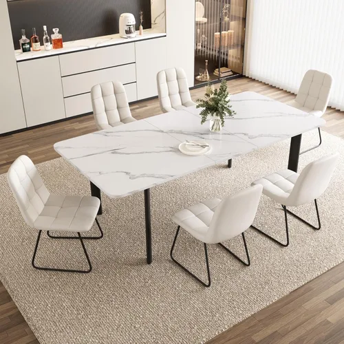 Miniatura 21 de HIPIHOM Mesa de comedor extensible para 6-8 personas, mesa rectangular de 63 a 78.7 pulgadas, MDF blanco con patas de metal resistentes, ahorro